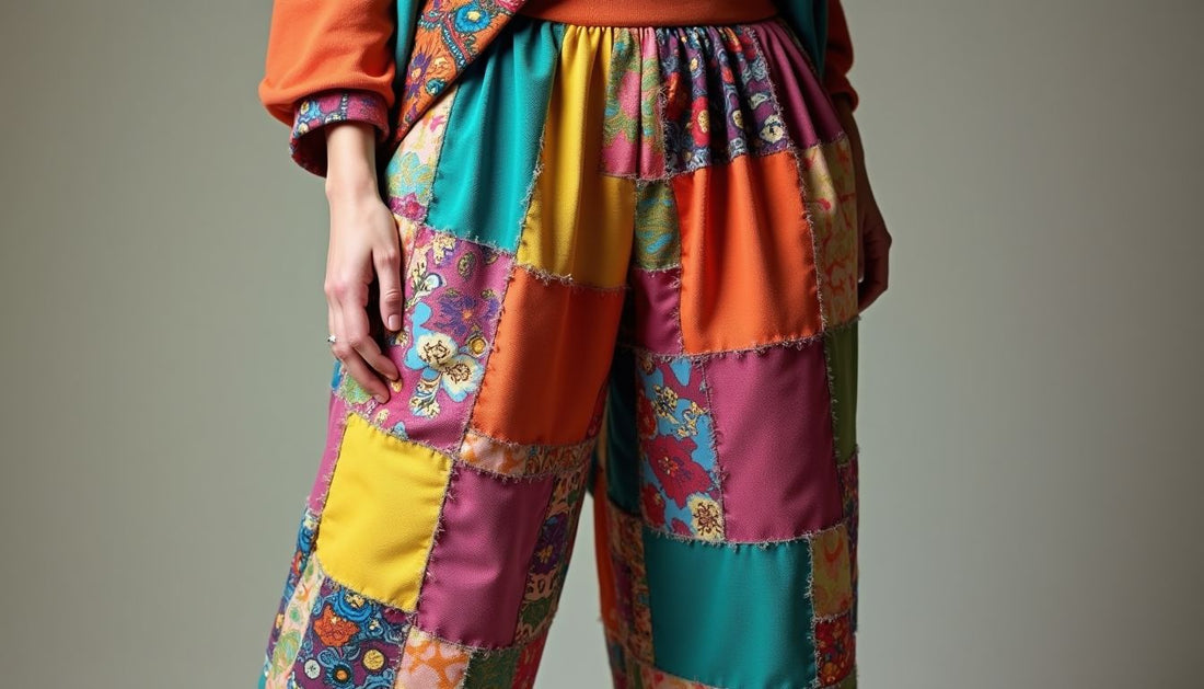 Model wearing vibrant patchwork streetwear pants made from clashing fabric scraps and scarves.