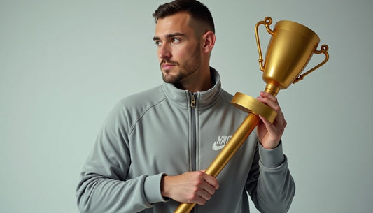 Model in grey Nike Tech Fleece tracksuit holding oversized gold abstract trophy staff. Funny fashion, streetwear.