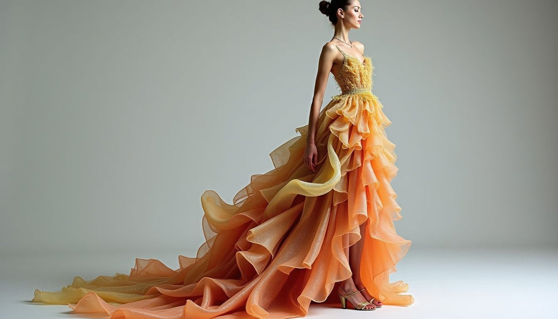 Model wearing abstract shapeless gown of recycled foam, plastic, and iridescent fabric in earthy and neon tones.