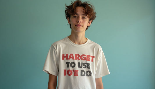 Gen-Z model wears a faded, ill-fitting ironic meme t-shirt referencing an outdated internet trend. Funny streetwear fashion.