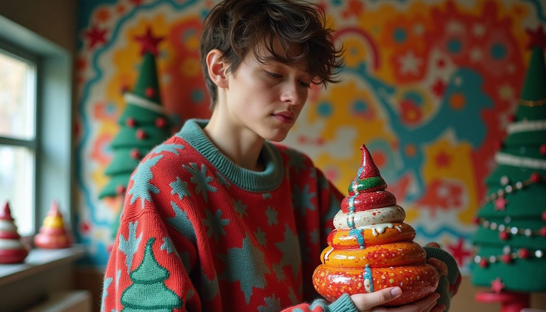 Gen-Z model in ironic ugly Christmas sweater holding colorful abstract Poop-Art sculpture. Funny fashion, streetwear.