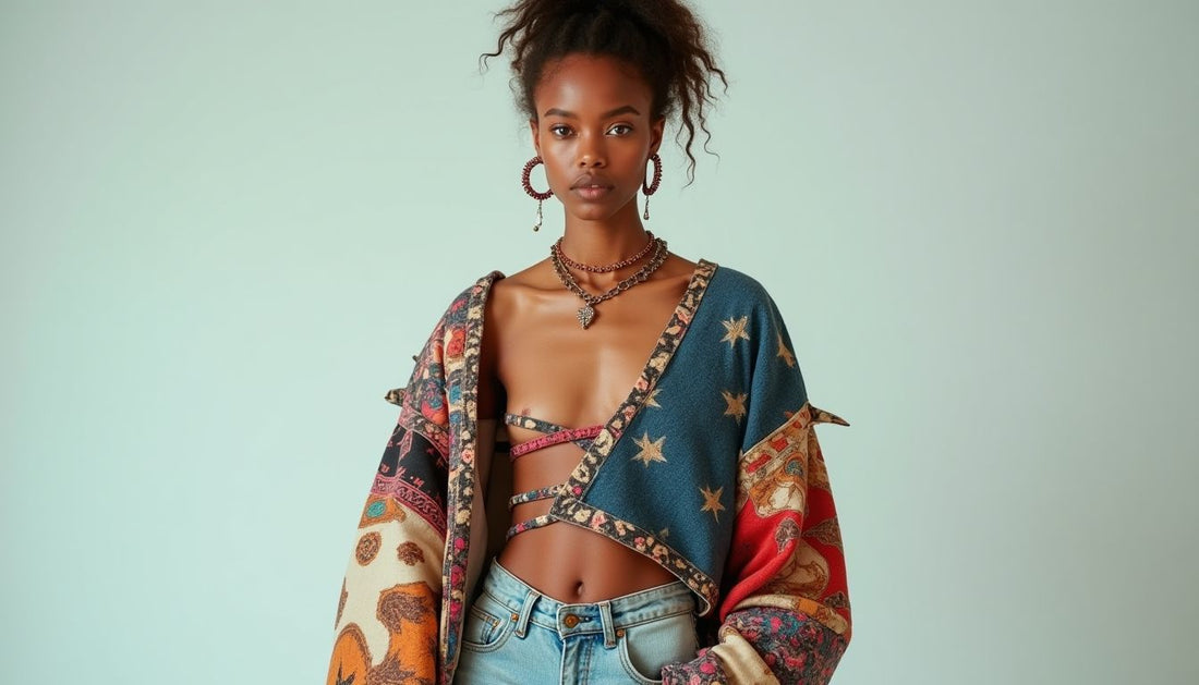 Gen-Z model in deconstructed, oversized top with clashing patterns and textures. Quirky streetwear fashion.