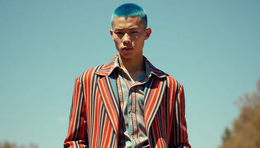 Model with blue buzzcut wears oversized, clashing striped suit. Urban streetwear, funny fashion.