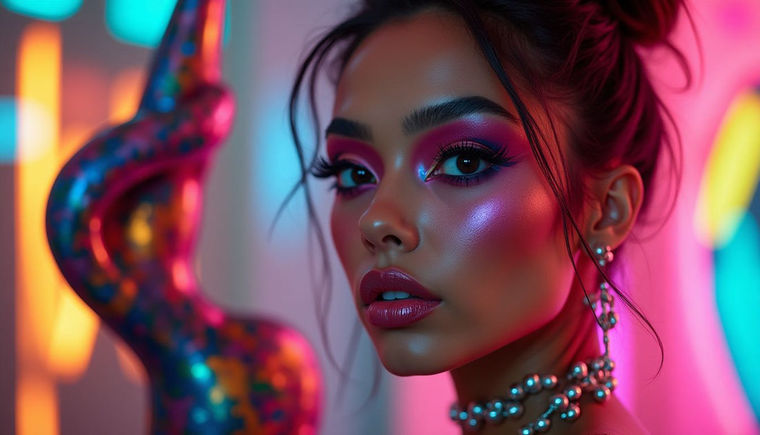 Stylish Gen-Z person with angular makeup by a vibrant recycled art sculpture in a neon art studio.