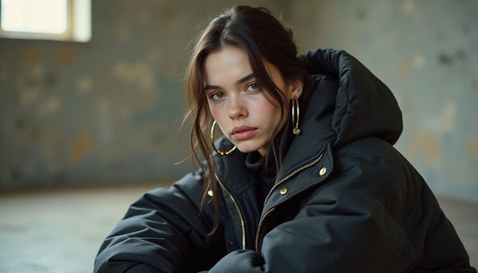 Gen-Z model in oversized avant-garde streetwear and chunky jewelry, sitting.
