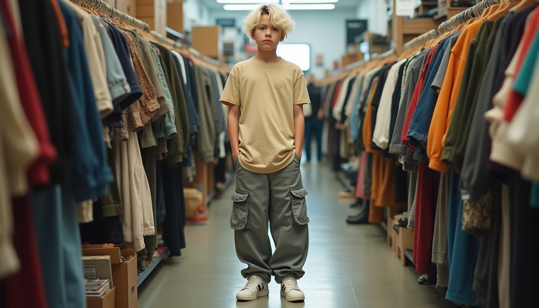 Gen-Z model with bleached hair wearing a beige t-shirt, baggy grey cargo pants, and white sneakers in a thrift store.