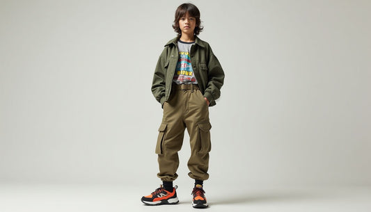Gen-Z model in oversized 8-bit graphic t-shirt, high-waisted cargo pants, cropped jacket, and chunky streetwear sneakers.