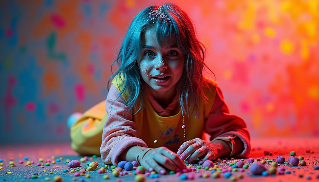 Model crushing neon, glitter-dusted dumpling, splattering it. Colorful abstract clay art background. Streetwear, funny fashion.
