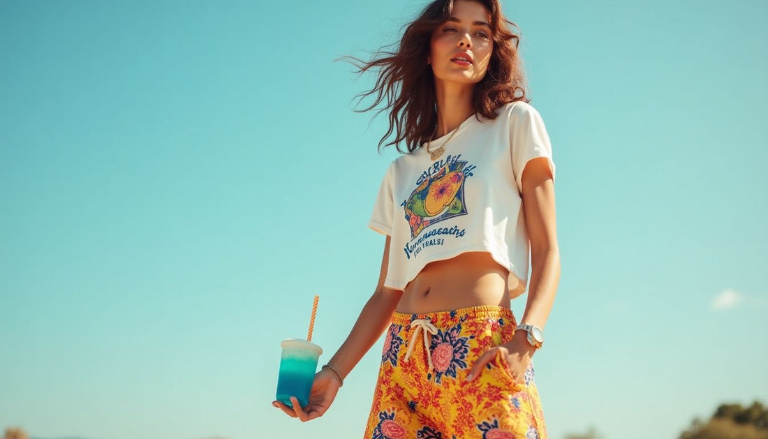 Model wearing brightly patterned high-waisted gaucho pants and cropped graphic tee. Holding a blue slushie.