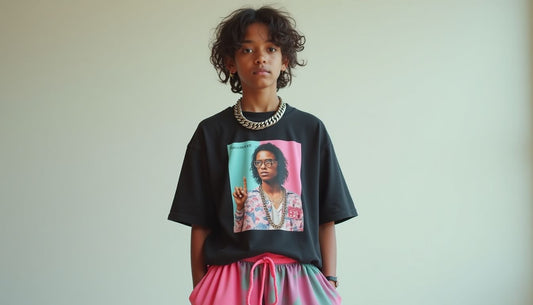 Gen-Z model in ironic streetwear: layered meme graphic tees, oversized track pants, plastic chain necklace.