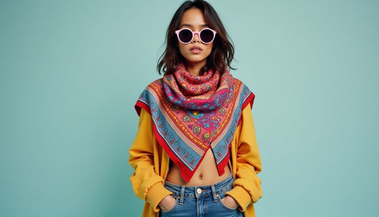 Gen-Z woman wearing a vibrant patterned triangle scarf draped over low-rise jeans, maximalist accessories, streetwear fashion.