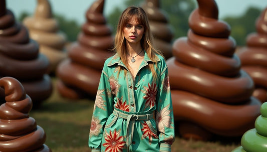 Model in oversized, deconstructed streetwear with clashing patterns, surrounded by shiny brown & green Poop-Art sculptures.