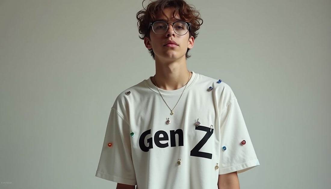 Gen-Z model in oversized, custom meme streetwear t-shirt with safety pins. Funny fashion style.