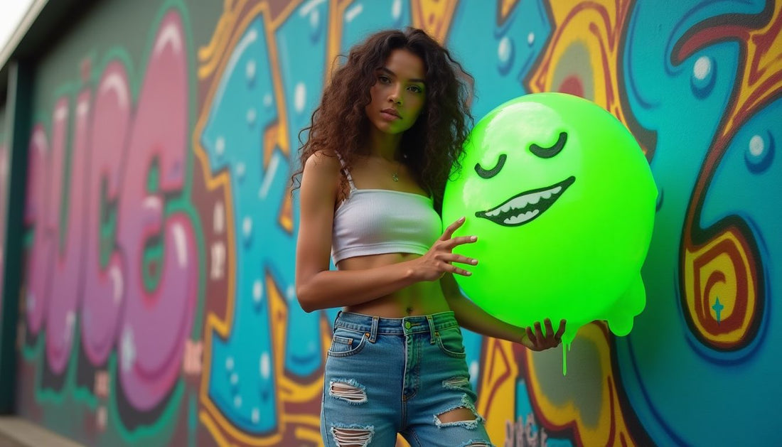 Gen-Z model in ripped jeans, crop top, holding abstract neon-green slime sculpture against a graffiti wall. Streetwear.