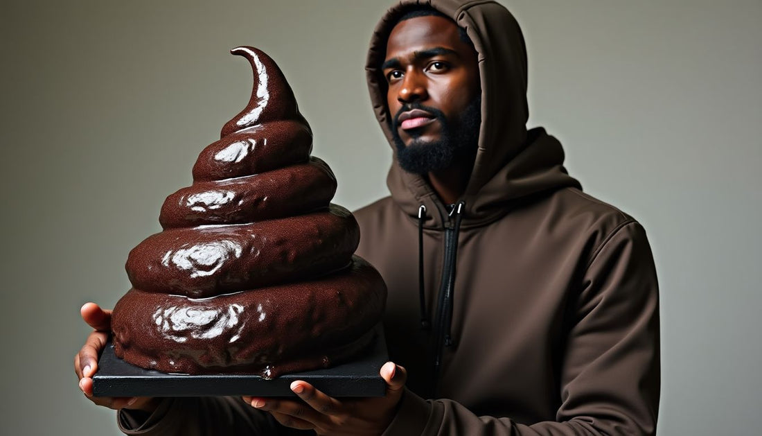 Streetwear model holding glistening, dark, abstract Poop-Art sculpture. Funny fashion.