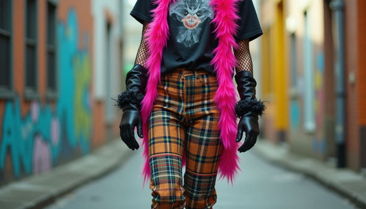 Gen-Z person in mismatched streetwear: neon fishnet, vintage tee, tartan trousers, feather boa, platform boots. Funny fashion.