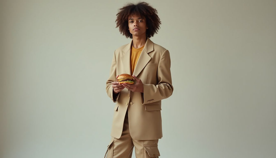 Gen-Z model in oversized beige blazer, crumpled cargo pants, holding a fast-food burger. Funny fashion streetwear.