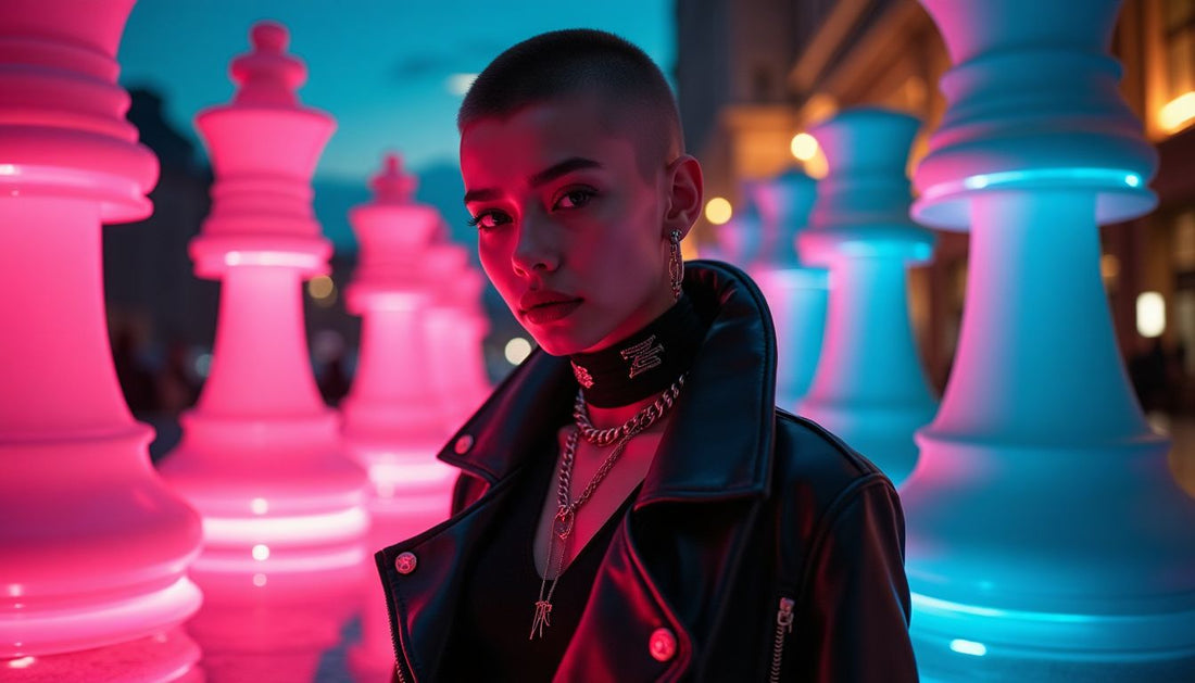 Confident Gen-Z model with buzzcut in punk streetwear. Urban setting, neon chess pieces. Edgy fashion.
