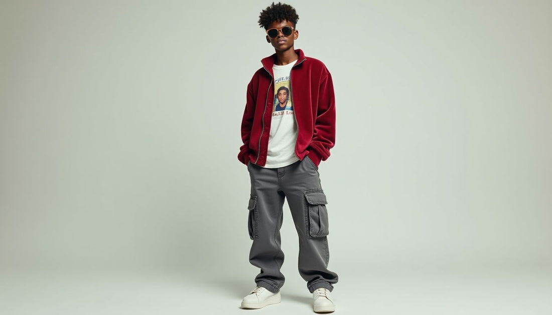 Gen-Z model wearing streetwear: velour track top, graphic tee, wide-leg cargo jeans, platform sneakers, micro-sunglasses.