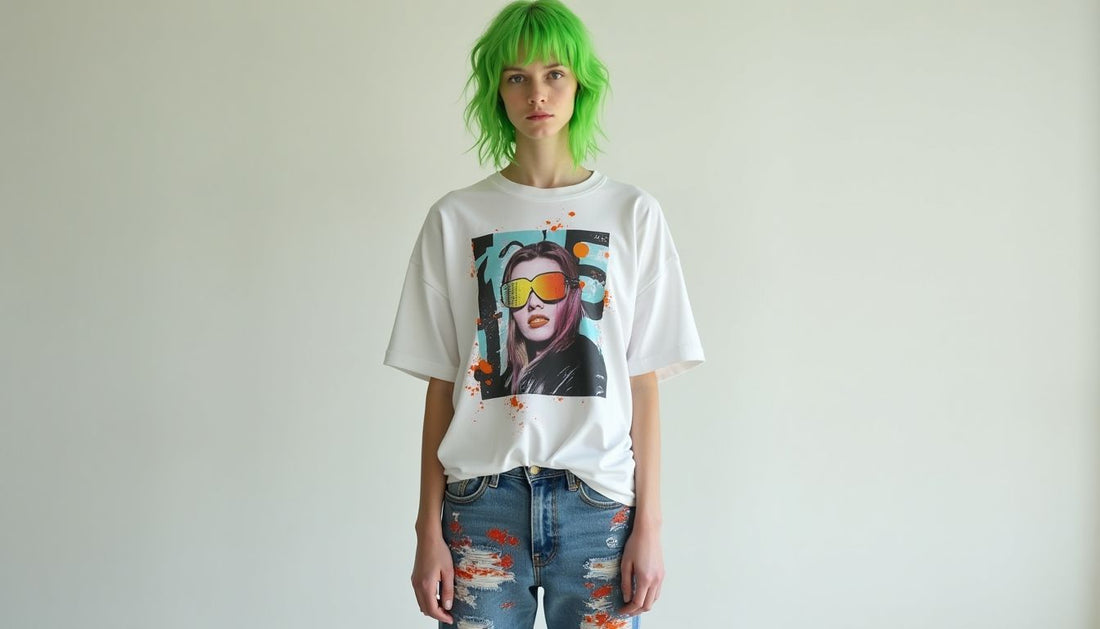 Gen-Z streetwear model with green hair wearing oversized graphic t-shirt and paint-splattered jeans.