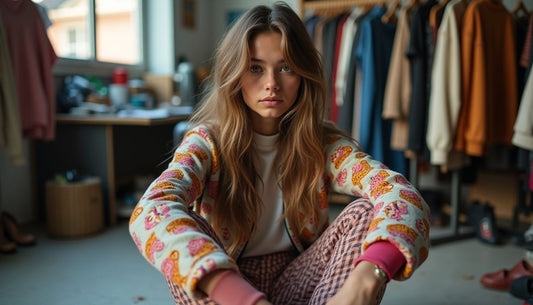 Confident Gen-Z model in clashing patterned streetwear, sitting in messy fashion studio.