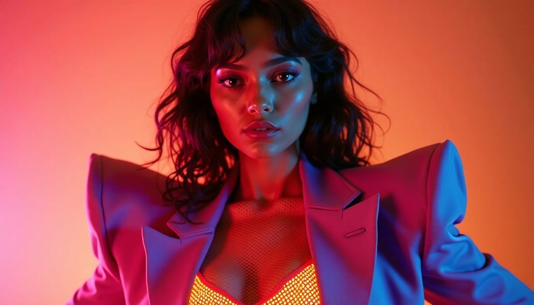 Gen-Z model in 80s power blazer with massive shoulder pads and neon fishnet top.