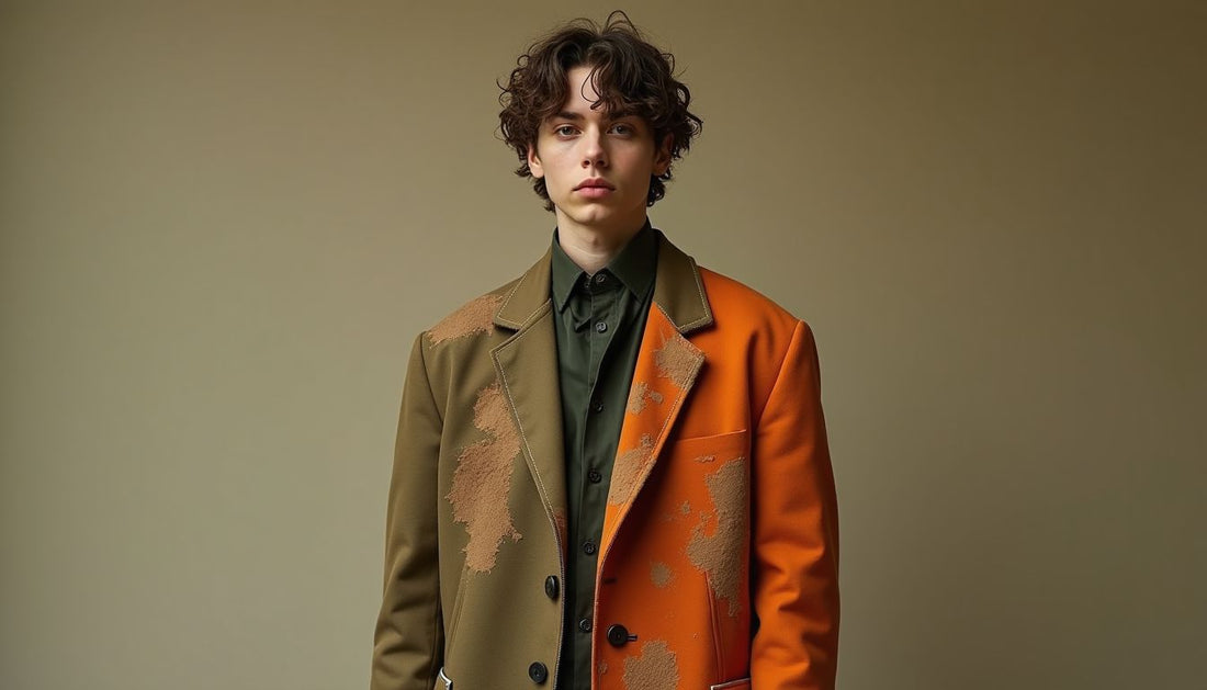 Gen-Z model wears an oversized, structured blazer in gritty, muddy brown, green, orange fabric. Funny fashion, Poop-Art streetwear.