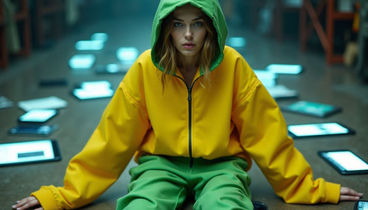 Oversized yellow & green polyester tracksuit worn by a model on a messy floor with glowing phone screens.