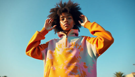 Diverse Gen-Z model wears an oversized, paint-splattered quarter-zip, posing with recycled tech. Edgy streetwear.