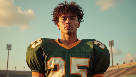 Gen-Z male model wearing an oversized, padded vintage football jersey as high fashion streetwear.