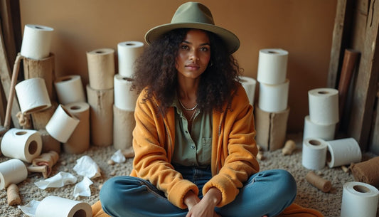 Confident Gen-Z model sits amidst trash and a creative Poop-Art toilet paper roll backdrop. Funny fashion streetwear.
