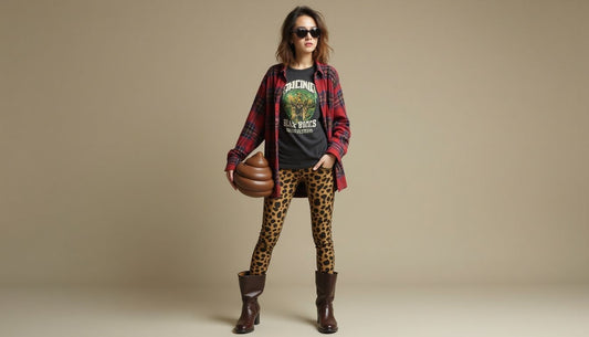 Model in funny streetwear: plaid shirt, band tee, animal print pants, boots. Holding a brown & green Poop-Art sculpture.