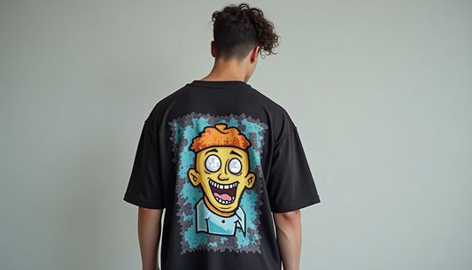 Gen-Z model wearing oversized funny fashion pixelated meme t-shirt. Streetwear graphic tee.