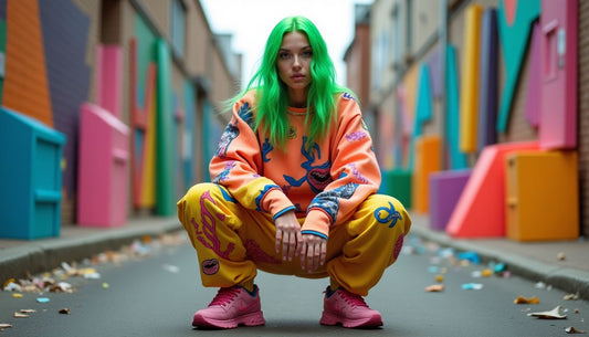 Gen-Z model with neon green hair in oversized, mismatched streetwear poses with colorful abstract foam art in an alley.