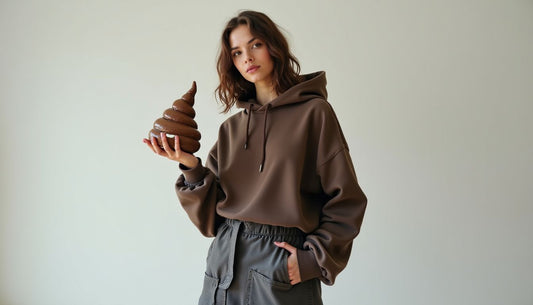 Confident Gen-Z model in oversized streetwear hoodie & tarp skirt, holding an ugly Poop-Art ceramic sculpture.