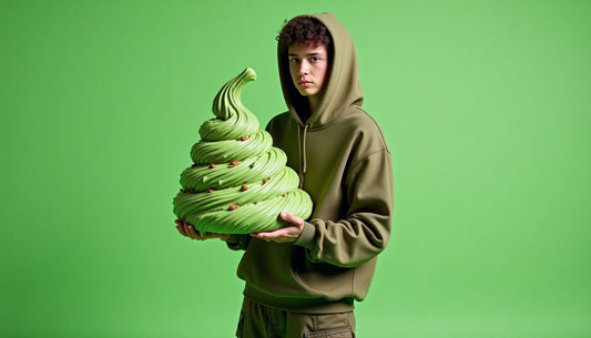 Gen-Z model in oversized streetwear hoodie and cargo pants, holding a neon green brown abstract Poop-Art sculpture.