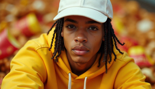 Gen-Z model wearing oversized white baseball cap, sitting on fast-food wrappers. Streetwear, funny fashion.