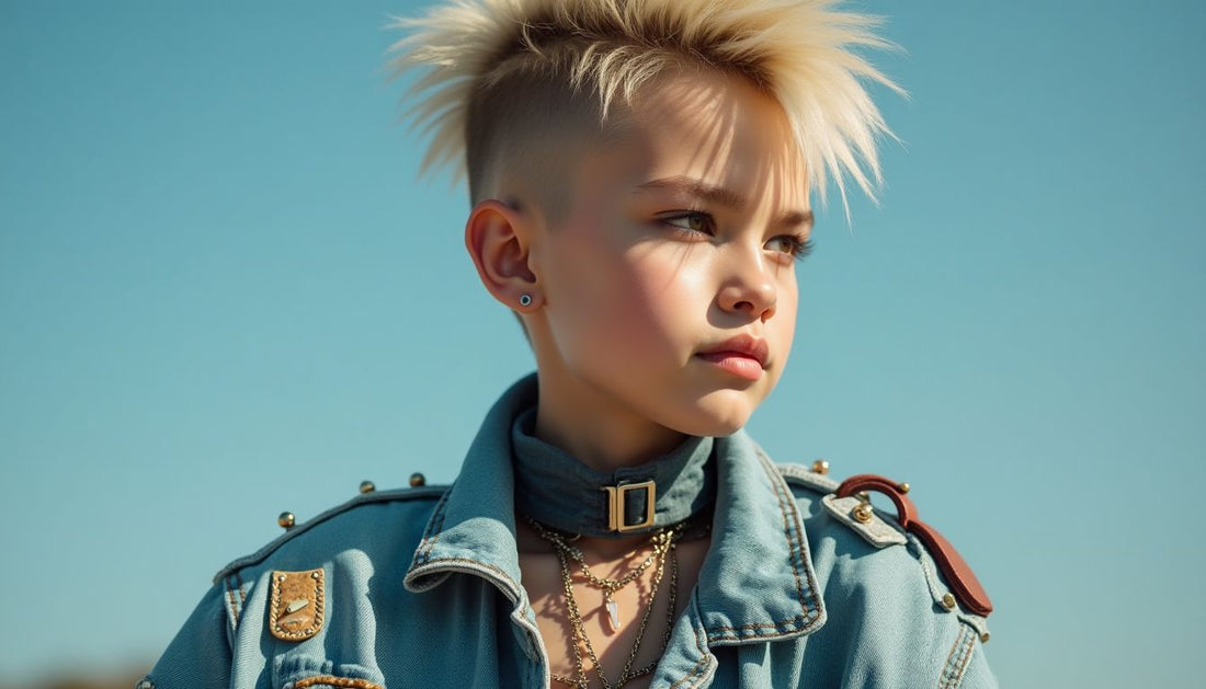 Gen-Z model with spiked hair in avant-garde safety-pinned streetwear: deconstructed denim, iridescent plastic, towel fabric.