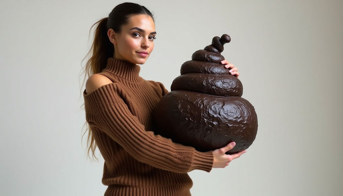 Model in deconstructed brown knit sweater holding large dark brown oddly textured resin sculpture. Funny fashion, Poop-Art style.