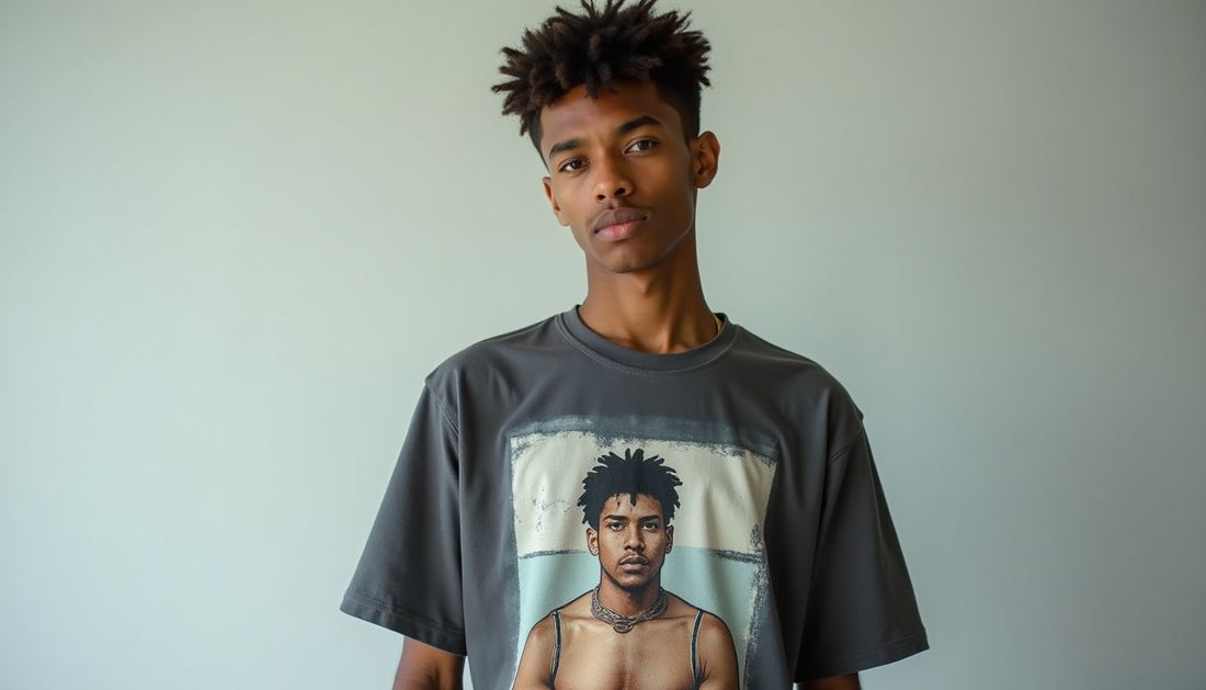Gen-Z model wears an oversized, faded meme graphic tee. Ironic streetwear top perfect for funny fashion fans.