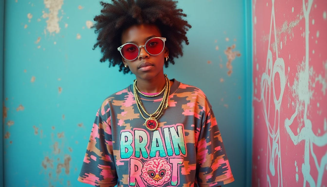 Gen-Z model in oversized pixelated 'Brain Rot' graphic tee, clashing accessories. Streetwear, funny fashion.