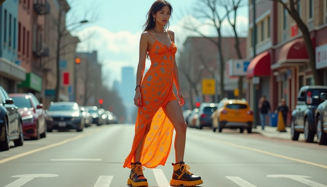 Gen-Z model in vibrant silk slip dress and chunky construction boots on urban street. Ugly-cool streetwear fashion.