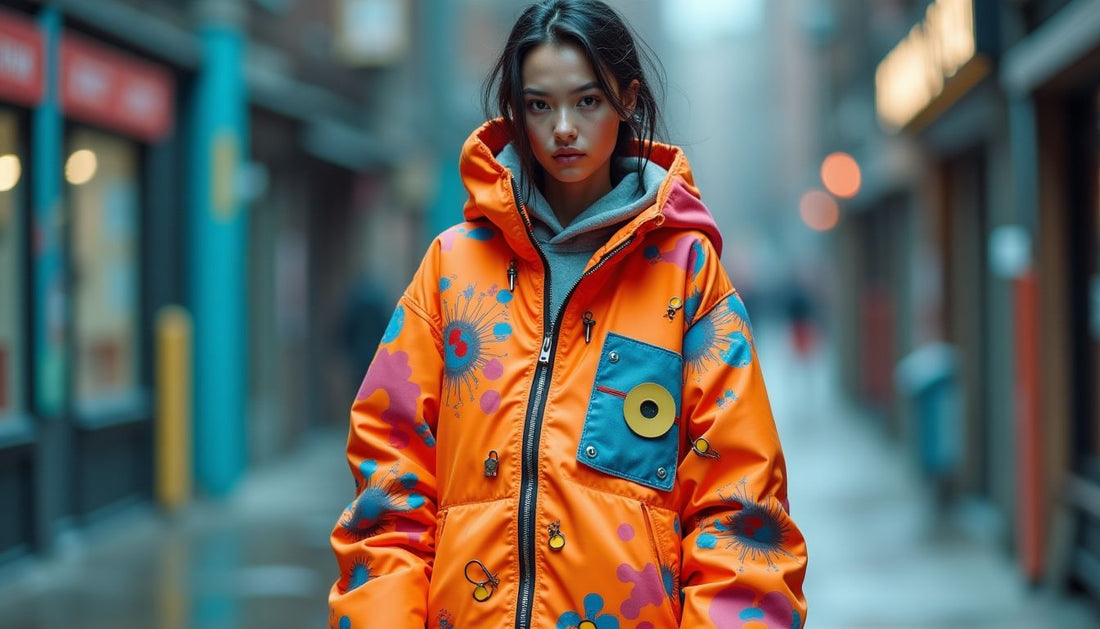 Oversized techwear outfit with bright clashing patterns and DIY safety pins on a model. Ugly-cool streetwear.