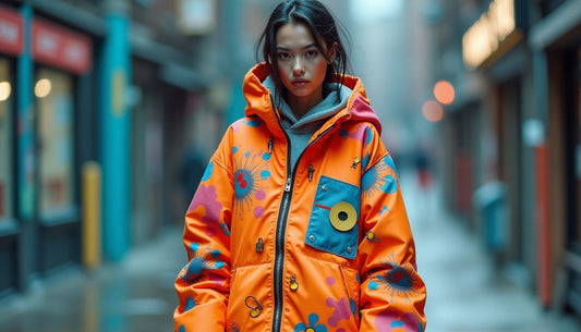 Oversized techwear outfit with bright clashing patterns and DIY safety pins on a model. Ugly-cool streetwear.
