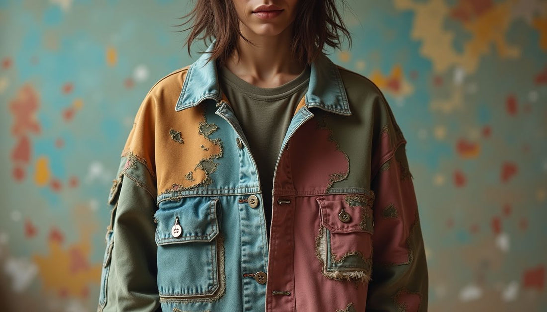 Oversized distressed patchwork streetwear garment on Gen-Z model. Muddy tones, crude stitching, ironic funny fashion.