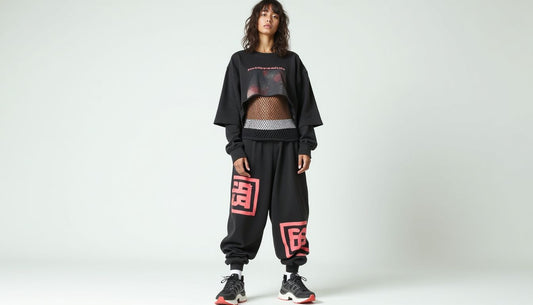 Model in layered streetwear: oversized meme tee, fishnet top, baggy patch track pants, mismatched chunky sneakers.