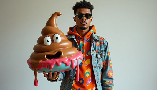 Gen-Z model in chaotic funny fashion streetwear outfit holding a large melting multi-colored Poop-Art sculpture.