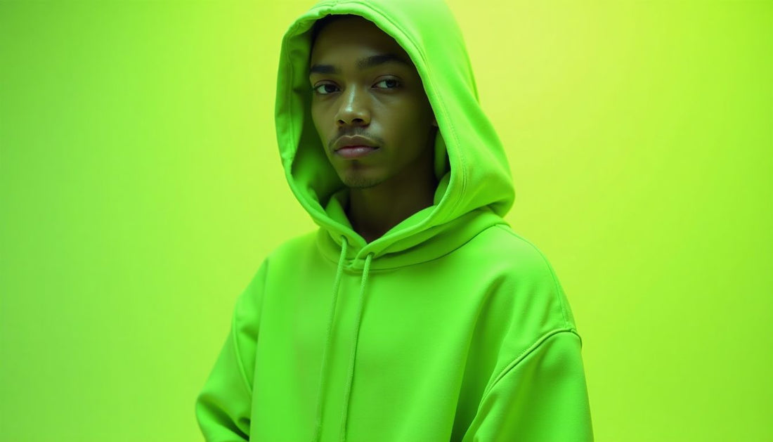 Neon green oversized deconstructed hoodie worn by Gen-Z model. Streetwear, funny fashion, abstract ugly art.
