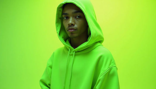 Neon green oversized deconstructed hoodie worn by Gen-Z model. Streetwear, funny fashion, abstract ugly art.