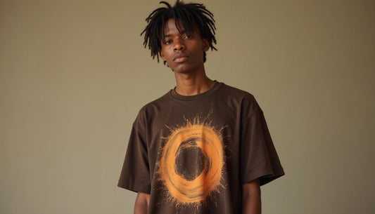 Gen-Z model in oversized, distressed dark brown streetwear graphic tee with abstract earthy swirl.